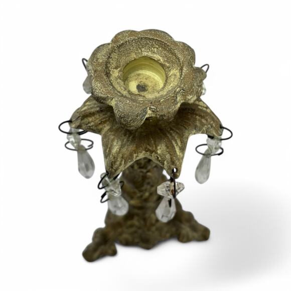 Antique French Gilt Brass & Crystal Prism Candle Holder – Rococo Style - Picture 8 of 16